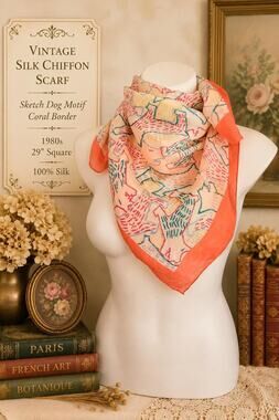 Vintage Silk Chiffon Watercolor Scarf Sketched Dog Motif Coral Border 80s 29x29